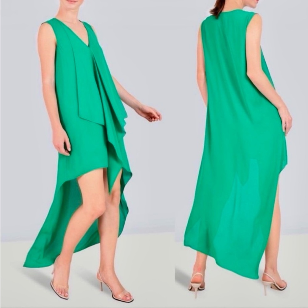 BCBGMaxAzria Tara Sleeveless Cascade Ruffle High-Low Shift Dress Kelly Green